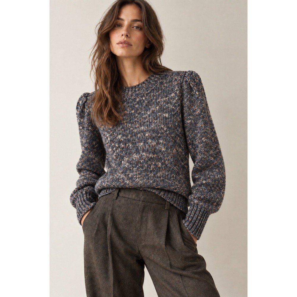 Madewell Marled Puff Sleeve Sweater Blue Grey Wool Blend Knit Crewneck Size M